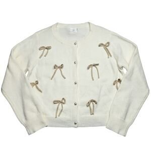 Luna Ivy Cream 3D Bow Cardigan Sweater Faux Pearl Button Down Knit Large New